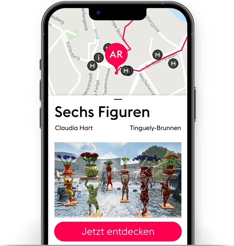Kunstwerk Sechs Figuren in AR direkt in den Tinguely Brunnen in Basel gesetzt