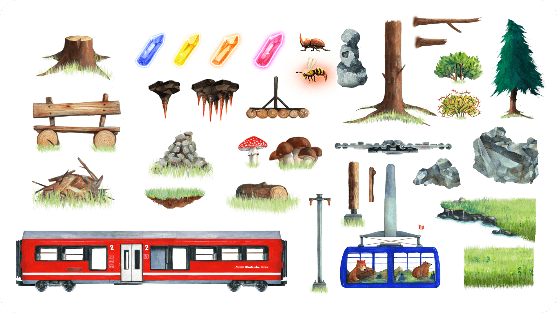 komplett von Hand illustrierte Game-Assets wie Kristalle, Bergbahn, Bäume oder Steine