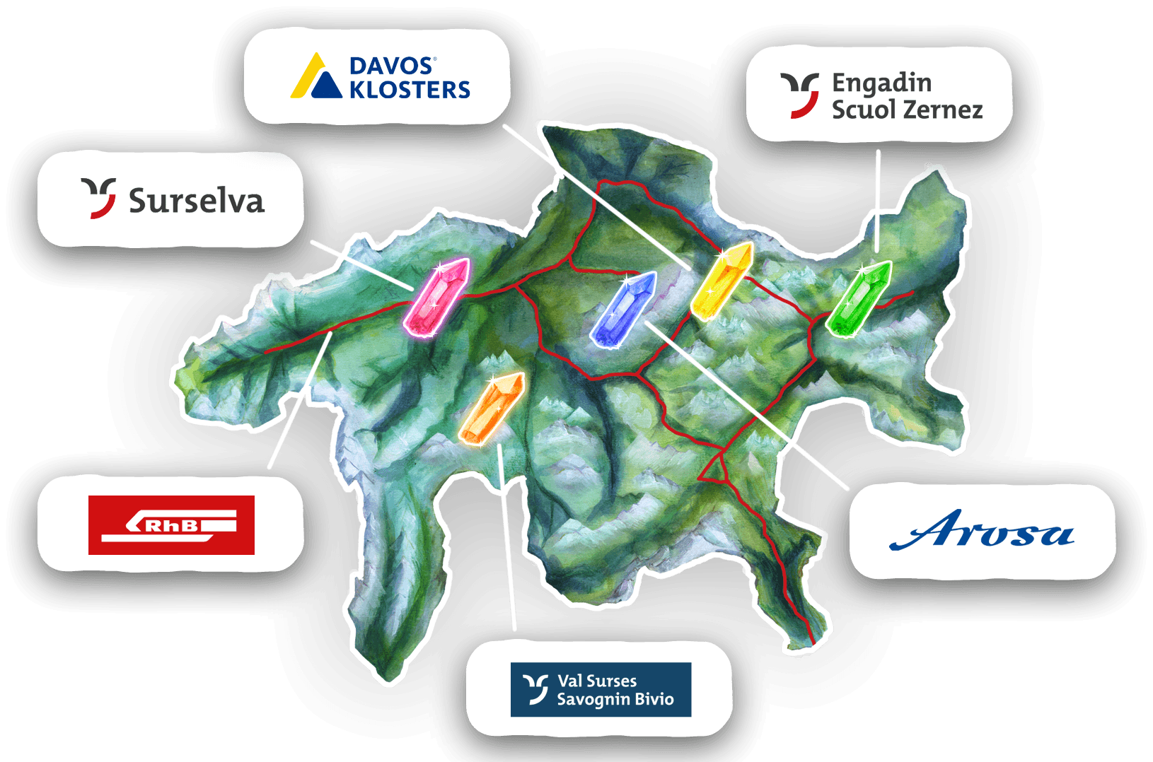 Graubünden Karte mit 5 besuchbaren Regionen, natürlich untereinander verbunden mit der Rhätischen Bahn