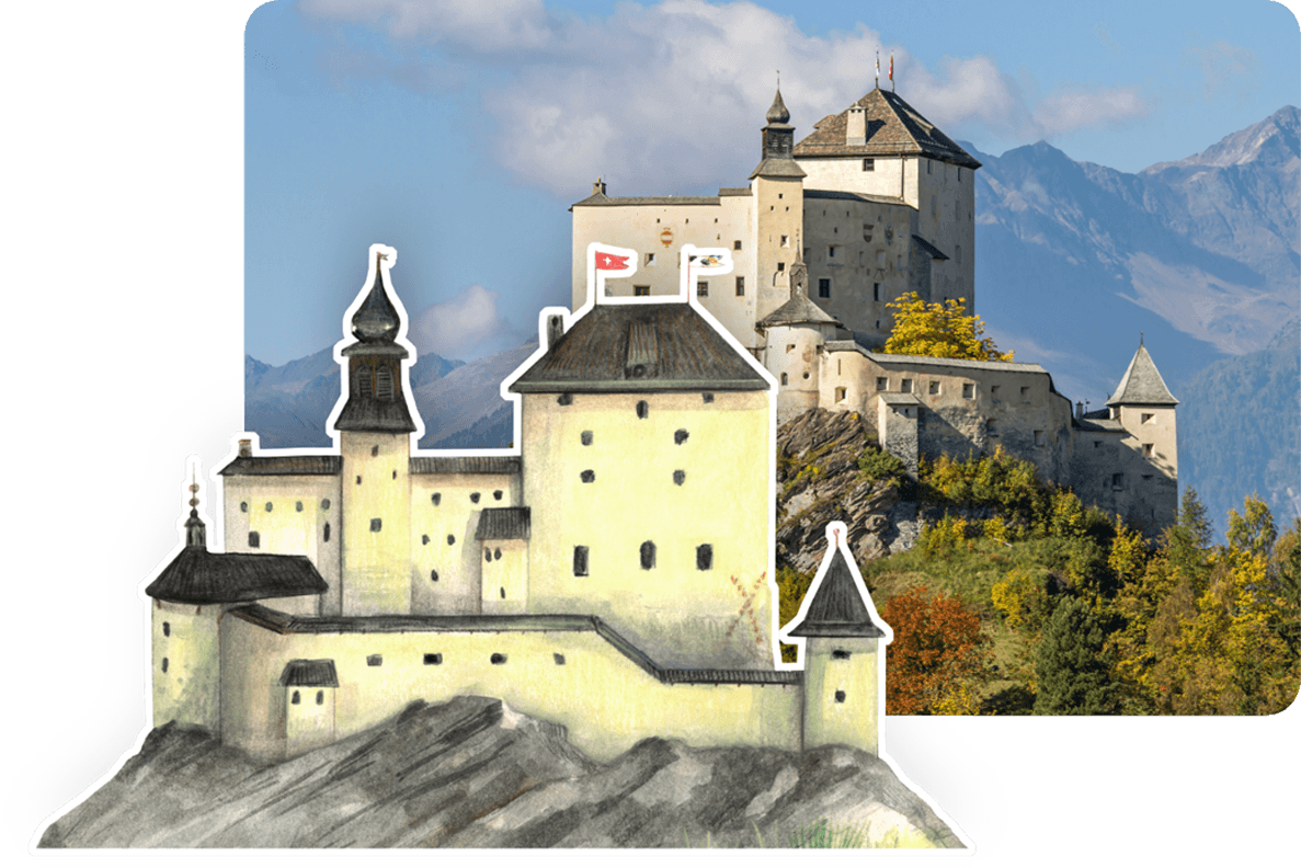 Das Schloss Tarasp als Ort im Game, von Hand illustriert