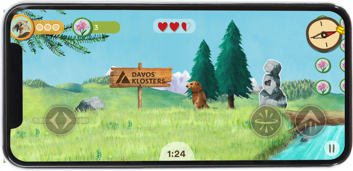Murmeli Madlaina ist im Mobile Game in Davos Klosters angekommen und auf der Suche nach den Kristallen