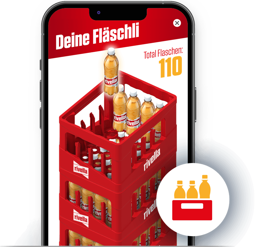 Rivella Harasse zu füllen als Wochenaufgabe. Wer 24 virtuelle Fläschli sammelt, ist automatisch beim Wettbewerb qualifiziert