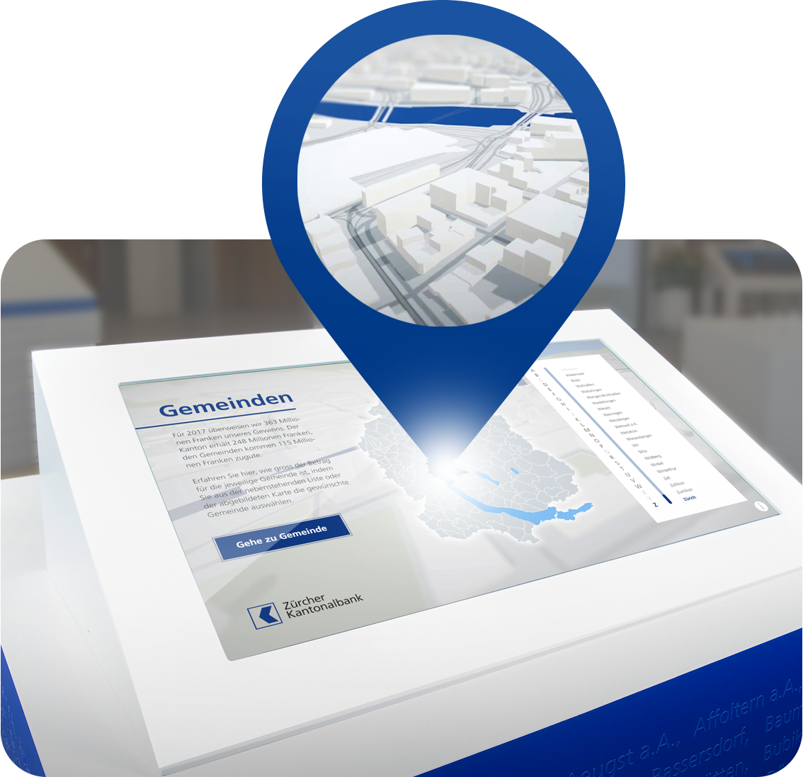 Touchscreen-Installation in der Zürcher Kantonalbank, wo man interaktiv seine Wohngemeinde eingeben kann und dann einen 3D-Flug in seiner Gemeinde sieht